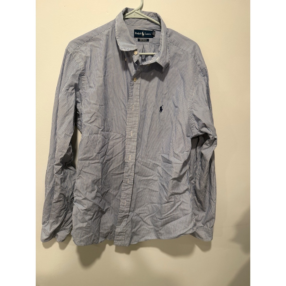 Ralph Lauren Custom Fit Mens XL Blue White Striped Button Down Cotton Shirt EUC